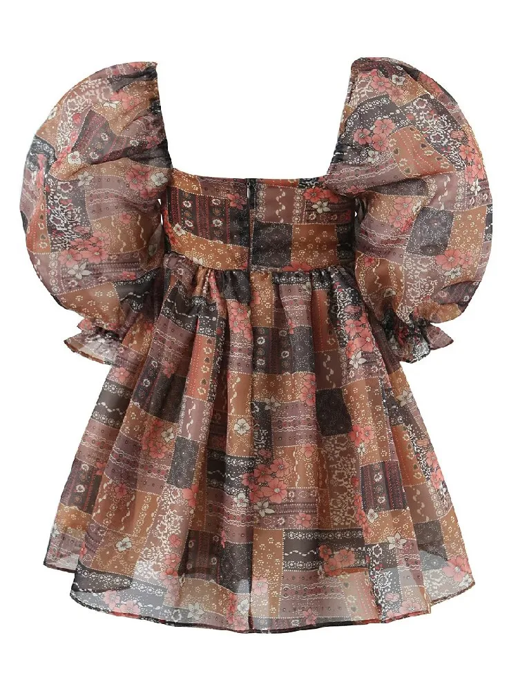 Princess Brown Flower Plaid Print Organza Ball Gown Dress manica a sbuffo Retro Women Swing Short Party Robe Fairy Mini Vestidos