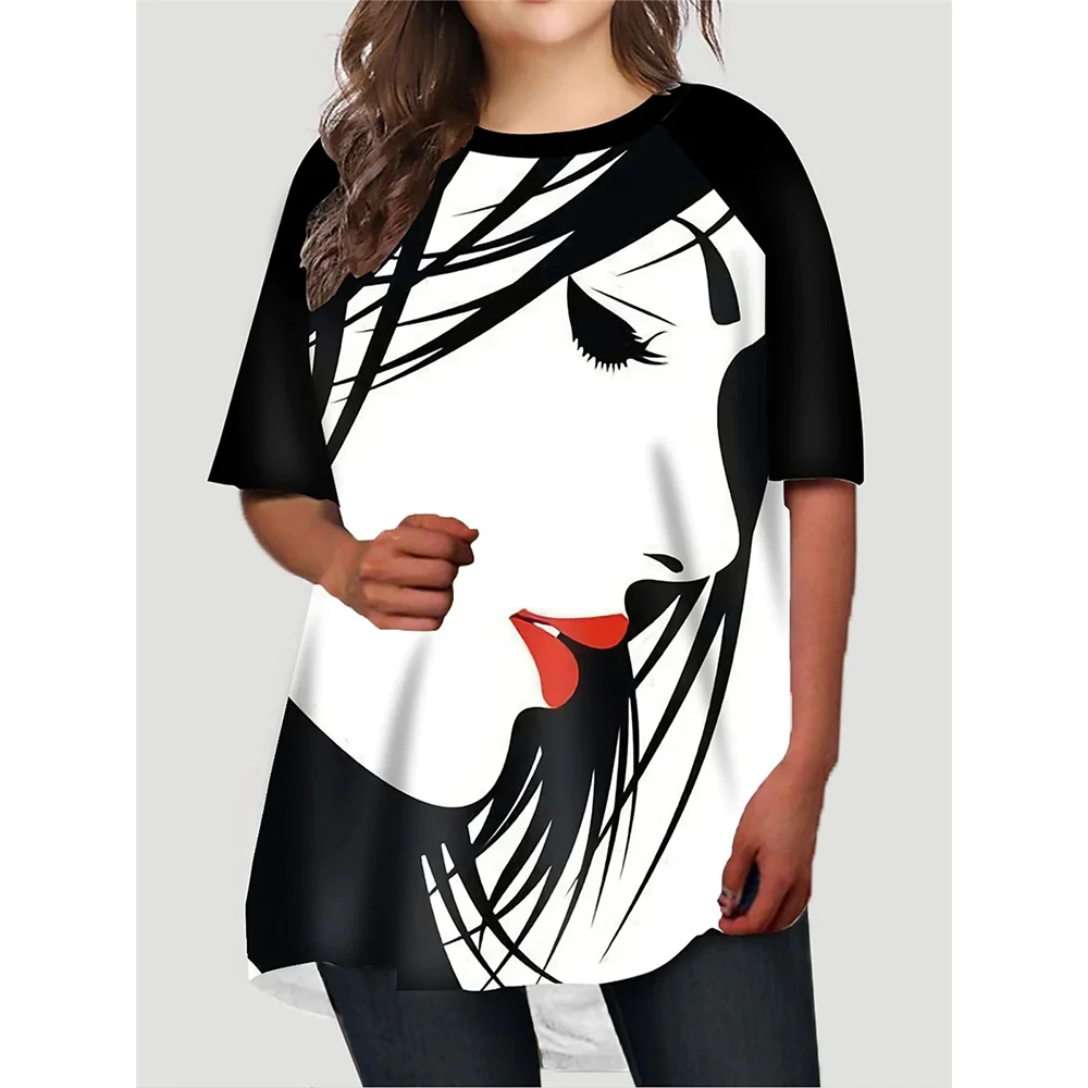 Summer Women's T-Shirts Oversized Tops Artistic Face Graphic Loose Streetwear O-Neck Clothing Short Sleeves Ladies Shirts Tees