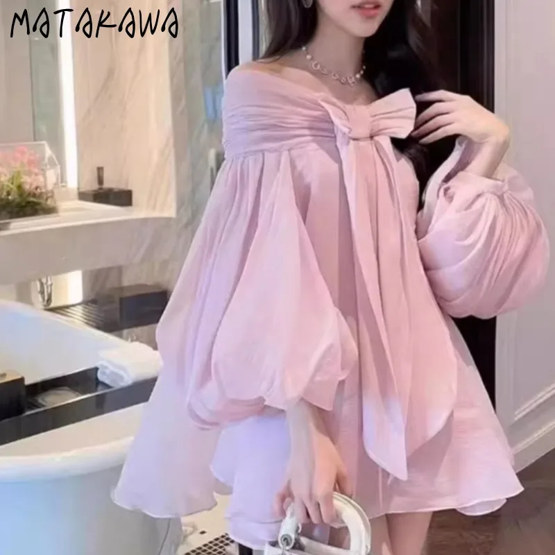 Matakawa Sweet Bow Vestidos Cortos Spring Summer Puff Sleeve Solid Slash Neck Women Dresses Birthday Party Elegant Mini Dress