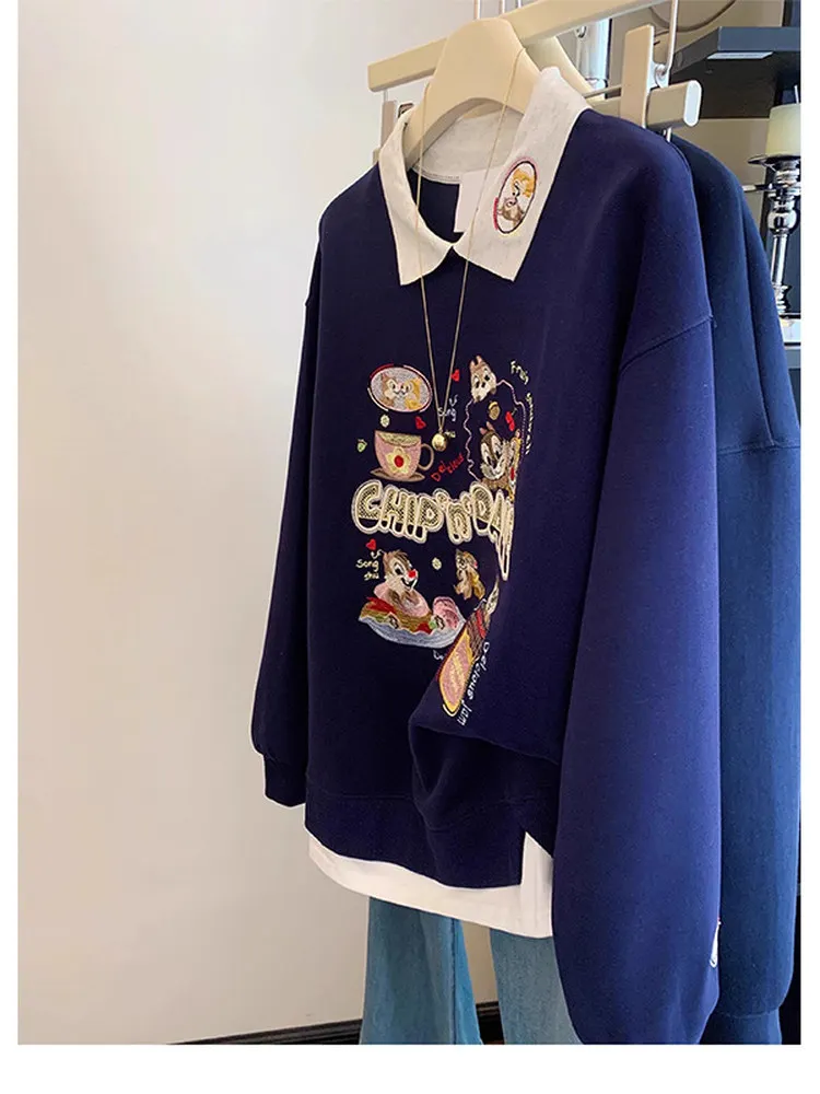 

Корейская толстовка оверсайз 300 пу с мультяшной вышивкой, женская свободная толстовка с цветным принтом, на подкладке