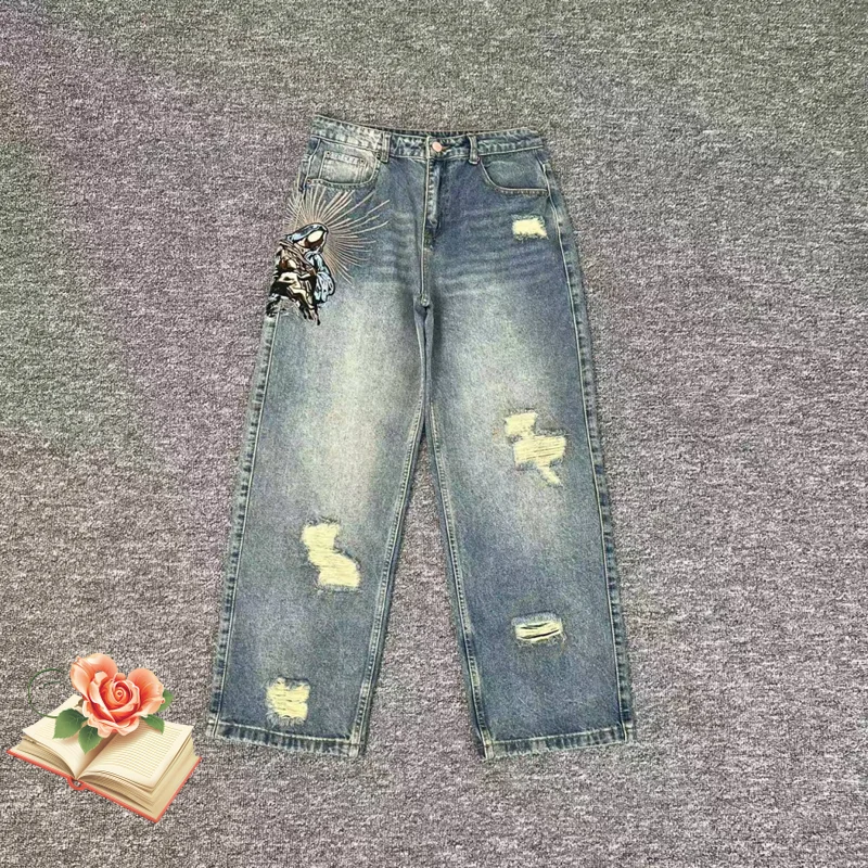 

Derschutze Awakening Hole Damaged Jeans Men Women Embroidered Female Idol Hug Child Pattern Straight Loose Trousers Casual Pants