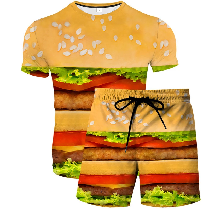 New Funny Hamburger 3D Print Tracksuit Men\'s Hip Hop Short Sleeve T-Shirts Shorts Sets Streetwear Sportswear Kids Suits Clothing