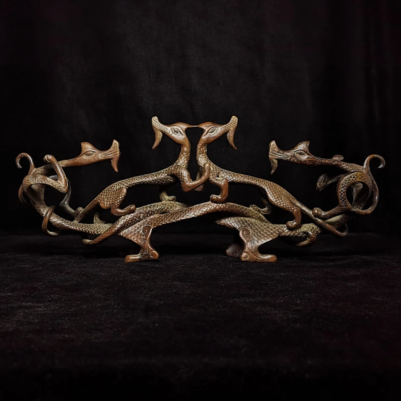 YIZHU CULTUER ART Size 34 × 13.5 cm Old Chinese Bronze carving Dragons Pen rack Desk Decoration Collection