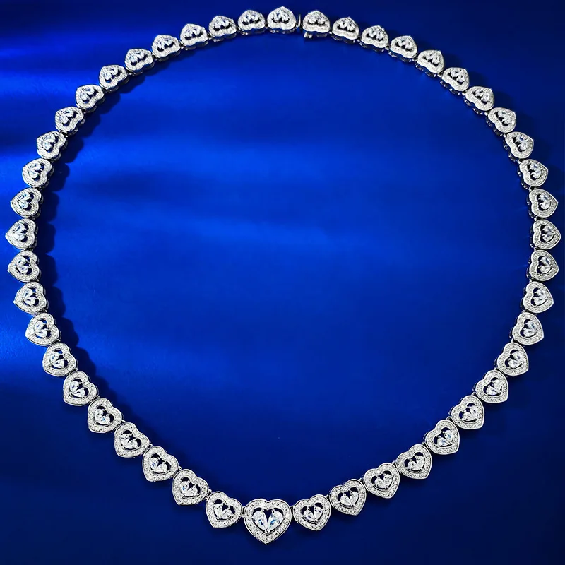 S925 sterling silver heart-shaped full diamond necklace with collarbone chain, luxurious fashion and socialite temperament