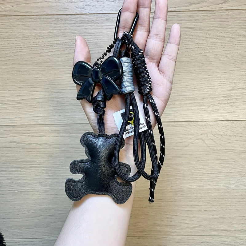 Vintage Style Bear Bag Pendant PU Leather Lightweight Hanging Rope Keychain Cartoon Design Charm Accessory Trinket