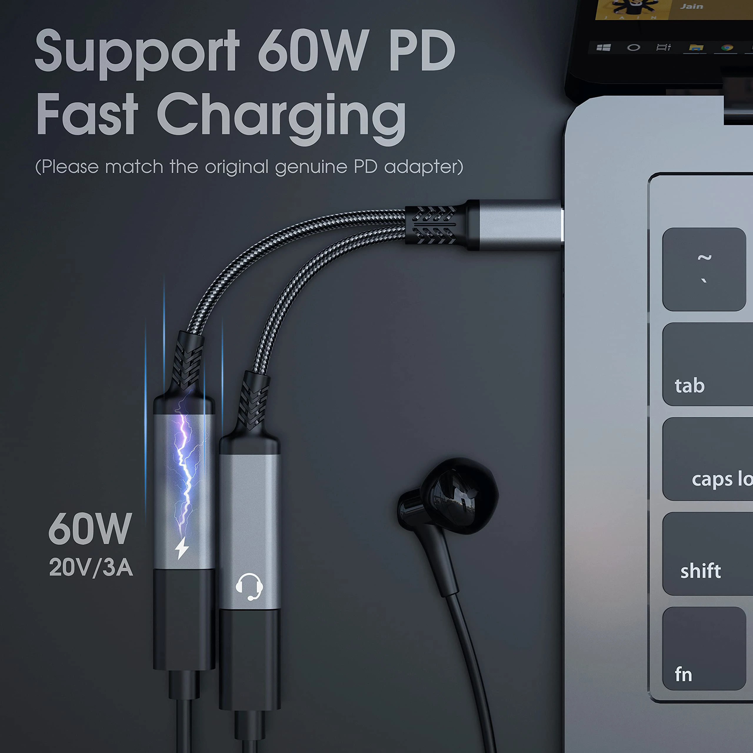 2 W 1 3.5mm kabel Audio USB C typ C Splitter do podwójnego typu USB C Audio słuchawki dla iPhone 15 Samsung Huawei 60W szybkie ładowanie