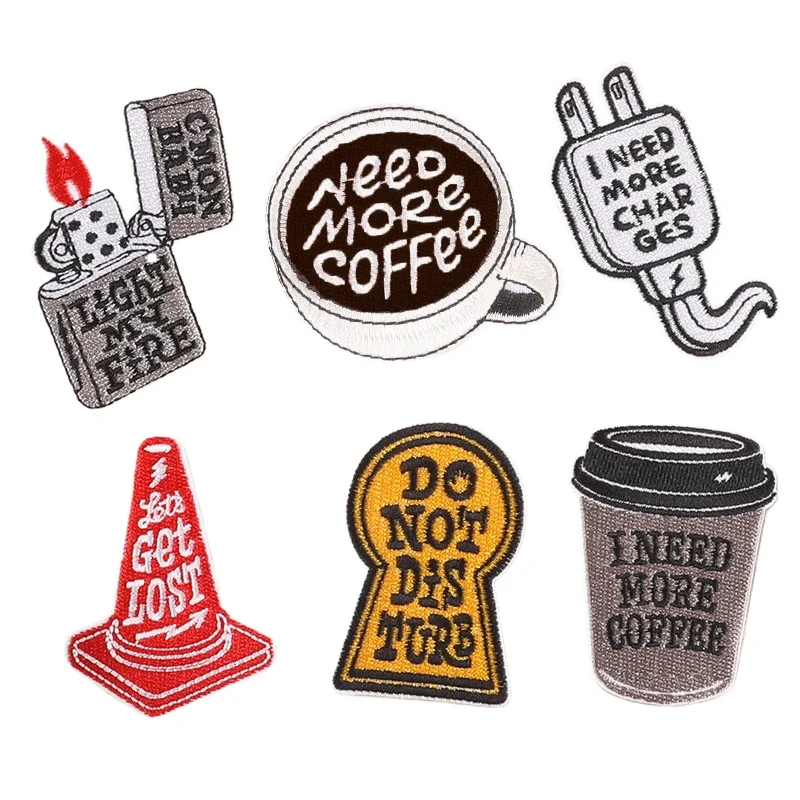 50pcs/Lot Fun Letter Embroidery Patch Coffee Leisure Life Lost Plug Lighter Clothing Decoration Accessory Craft Diy Applique