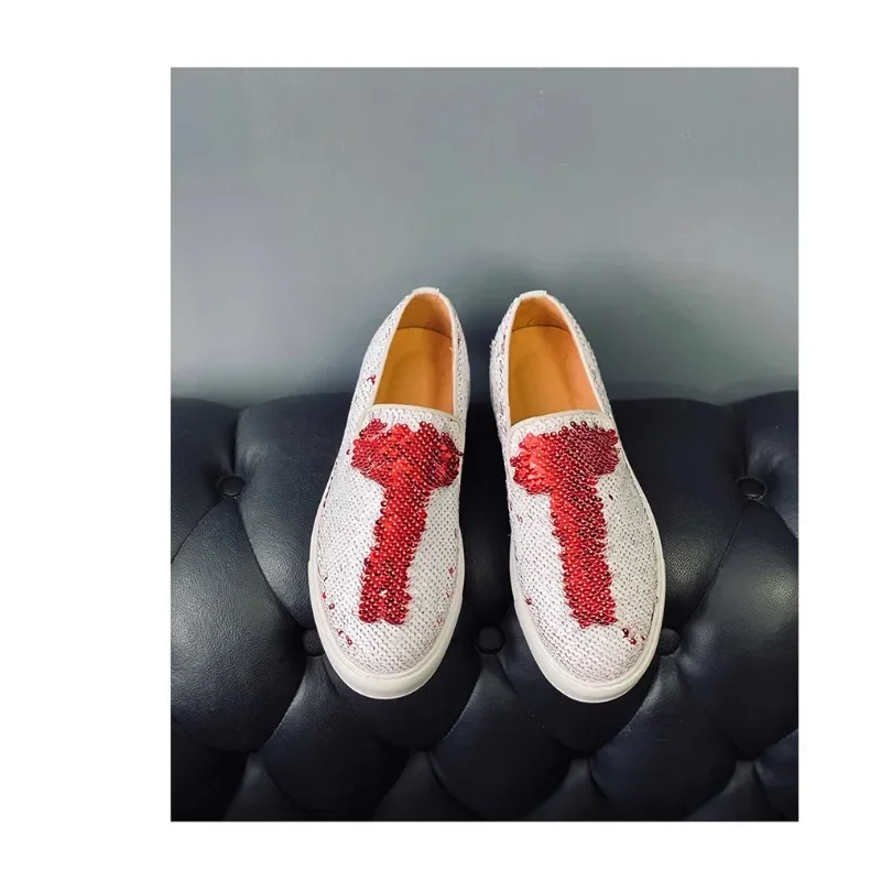 2024 Design Loafer Shoes Men White Red Breathable Sequin Casual Comfortable Fashion Trend Wedding High-Quality Men Shoes