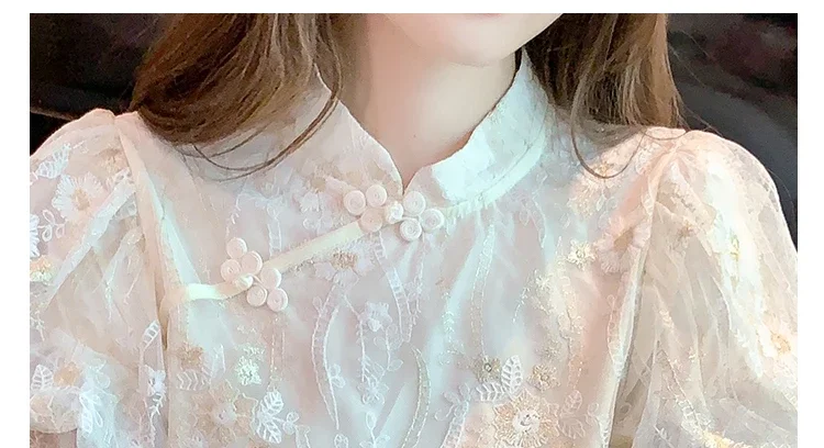 2023 Summer Vintage Women Chinese Style Sequined Embroidery Top Shirt , Woman Clothes Cheongsam Short Sleeve Top Shirts