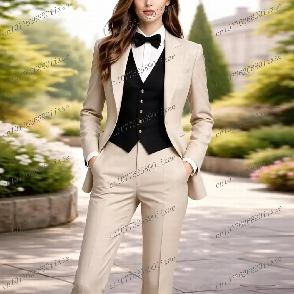 

Beige And Black Women Suits Lady Business Tuxedos Mother Wedding Party Formal Ladies 3 Piece Set Jacket Vest Pantsi