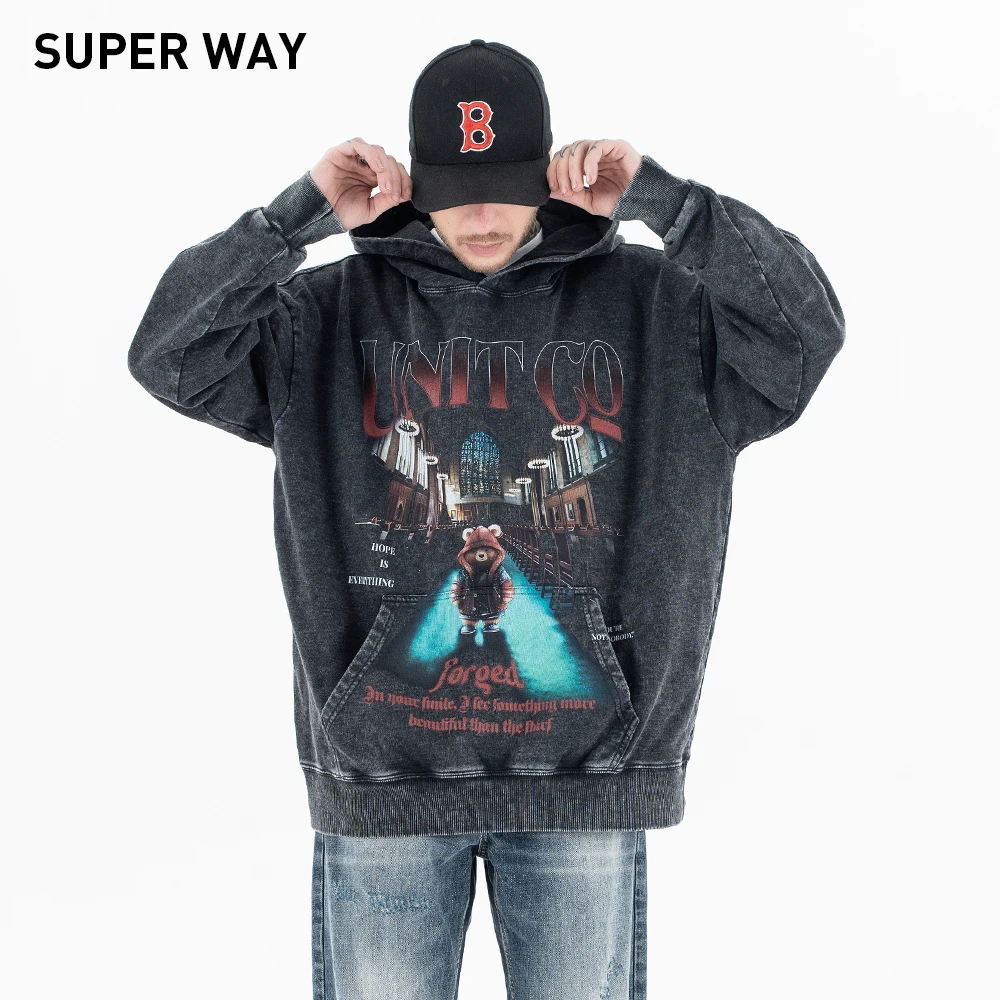 

Superway Original Design Prayer Graphic Printed Washed Hoodies Men’s Vintage Oversized Hip Hop Streetwear Harajuku Pullover Tops