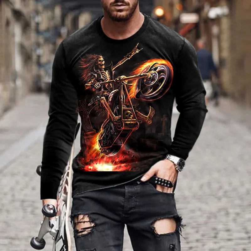 Fashion men's t-shirt 3D skull flame print graphic t-shirts Long sleeved round neck Men's clothing Street personality y2k tops