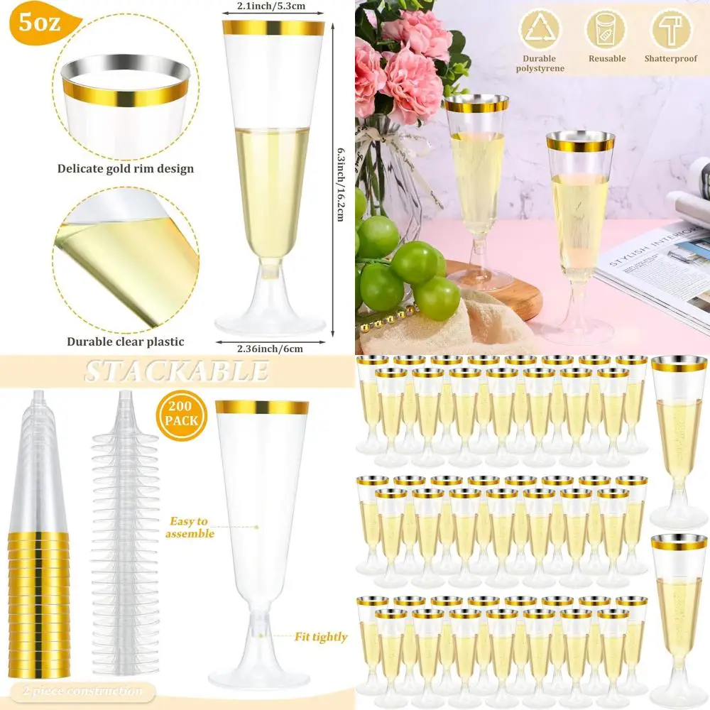

Gold Disposable 5 Oz Plastic Champagne Flutes - 200 Pack for Weddings, Parties, and Celebrations