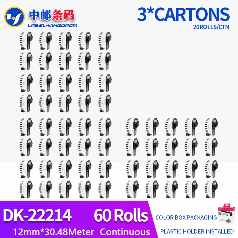 60 Rolls Generic DK-22214 Label 12mm*30.48M Continuous Compatible for Brother Printer QL-570/700 All Include Plastic Holder