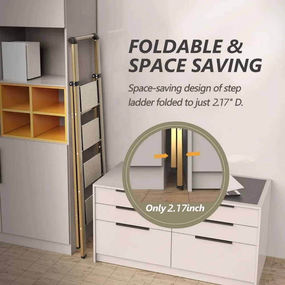 บันไดพับได้อลูมิเนียมแบบพกพาพร้อมแป้นกันลื่นและที่จับที่แข็งแรง น้ำหนักเบาและกว้างเพื่อการปีนที่ปลอดภัย รับน้ำหนักได้ 300 ปอนด์