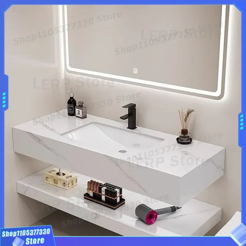 Modern Double Layer Bathroom Cabinet With Ceramic Integrated Basin Bright Surface Rock Slab Countertop Washbasin Vanity Unit
