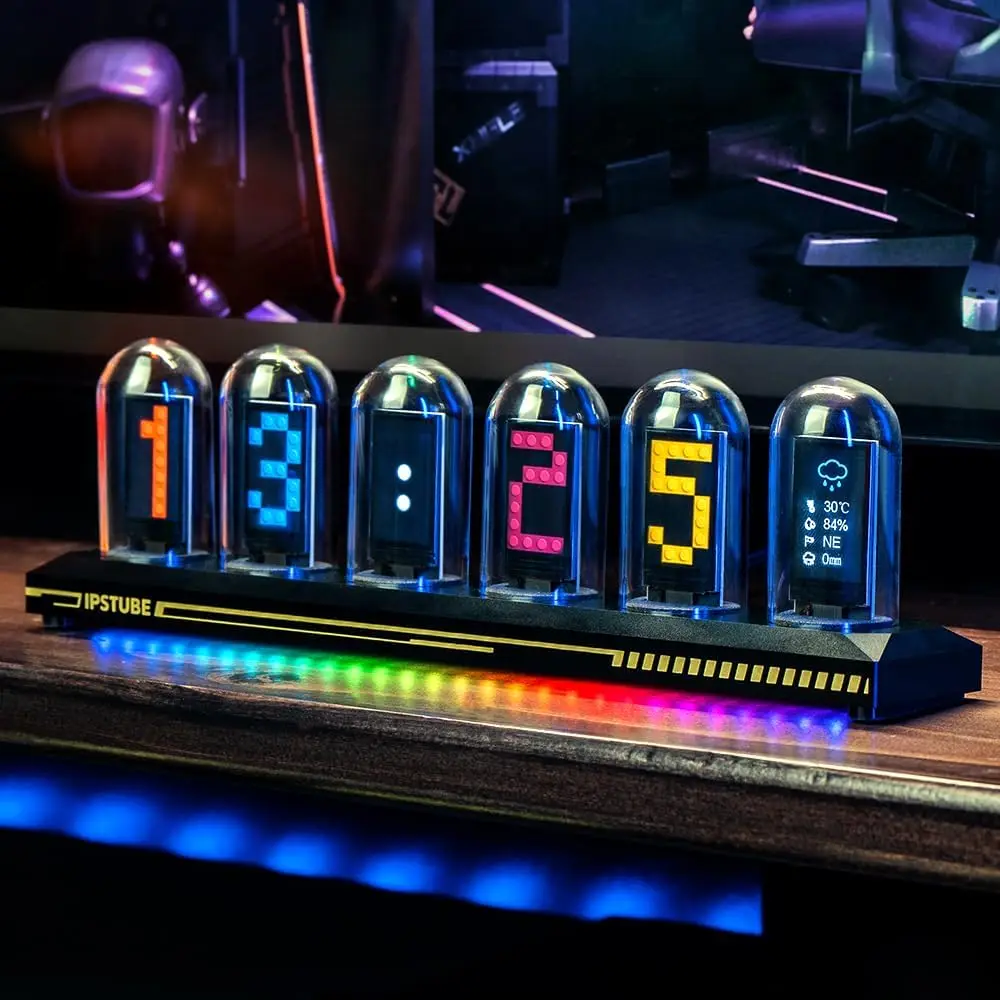 Mexllex Nixie Tube RGB Retro Digital Clock, IPS Glows Analog Clock