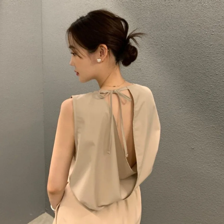 

Loose Sleeveless Shirt Women's Summer New Style Pure Color round Neck Design Sense Hollow Back Belted Casual Fashion Top