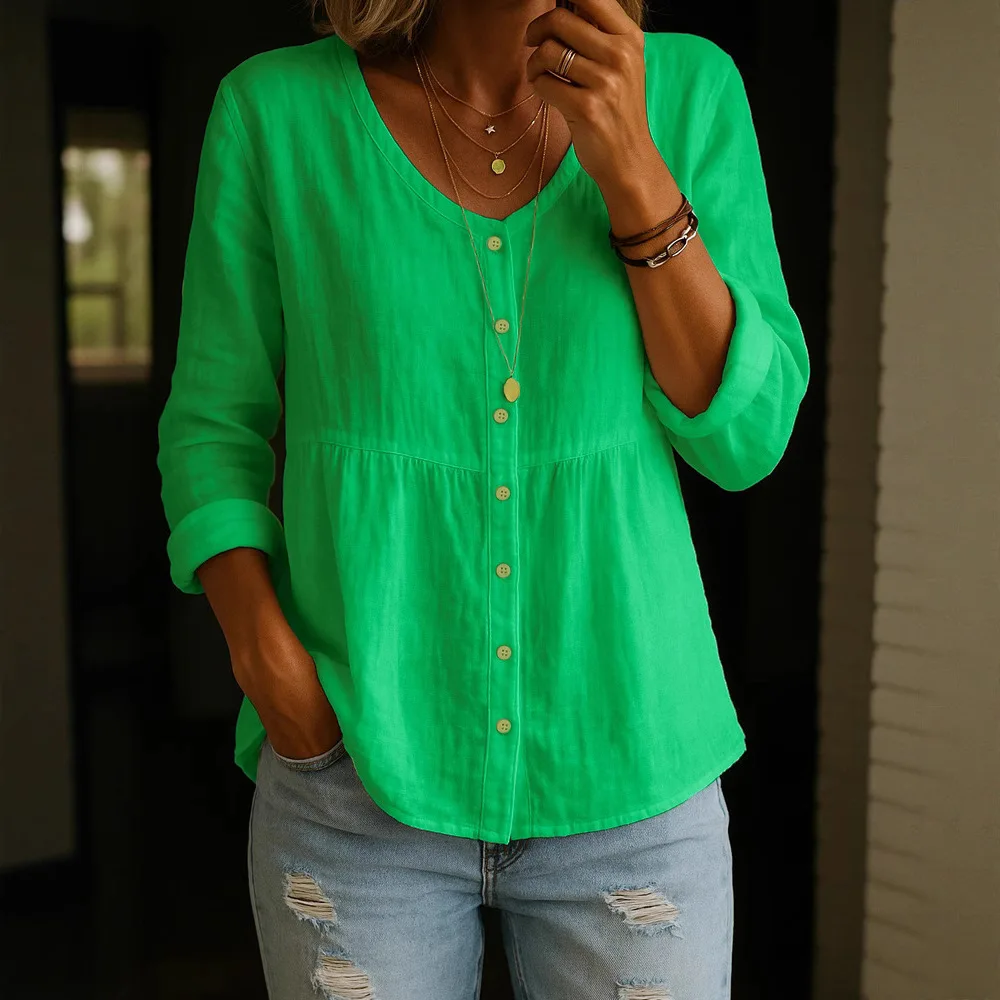 

Summer Women's Casual Loose Cotton Linen Green Blouse Long Sleeved V-neck Button Up Pullover Shirt Blusa Mujer Tendencia 2025