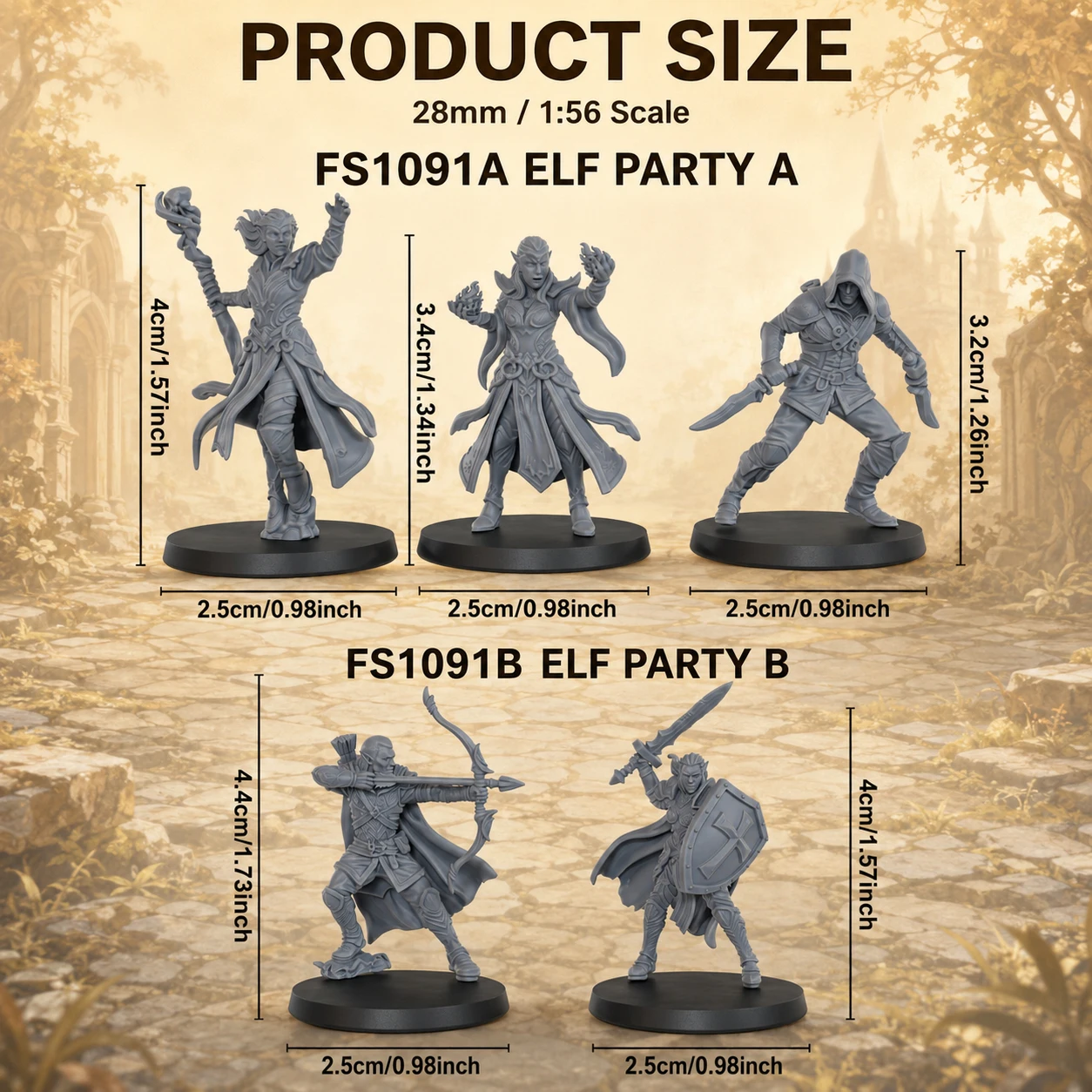 Fantasy Elf Party Miniatures Set 28mm/1:56 Scale, Tabletop RPG Elf Character Figures, Woodland Adventure Heroes Team for RPGs
