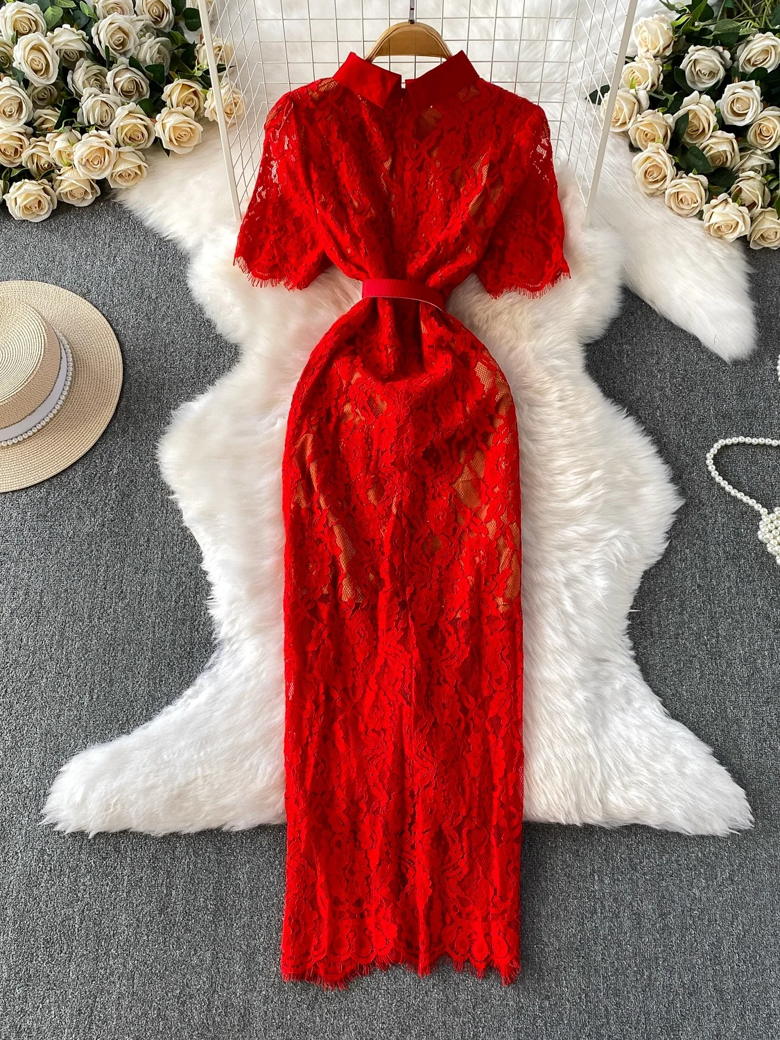 تنورة Ele Lace بقصة ضيقة طويلة Dr للسيدات للخريف بخصر عالٍ وأزرار وياقة واقفة فاخرة تنورة على شكل حرف a من Sle ort Sve