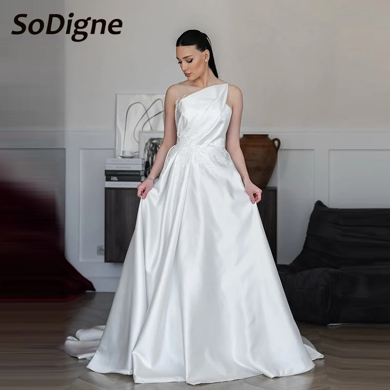 

SoDigne A-line Satin Appliques Bride Dresses O-neck Sleeveless Wedding Dress Long Bridal Gowns vestidos de novia Customized
