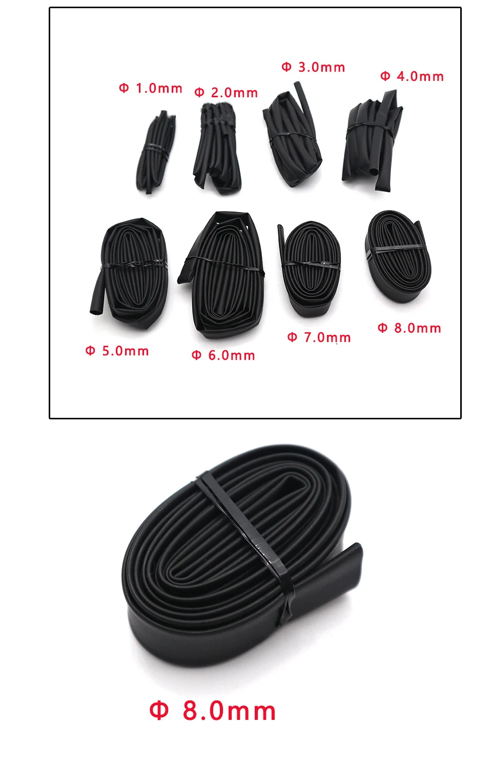 Juego de tubos termorretráctiles para envolver Cables, Kit de cable de conector de bricolaje, color negro, 1/2/3/4/5/6/8/10mm, 2:1, 8 metros