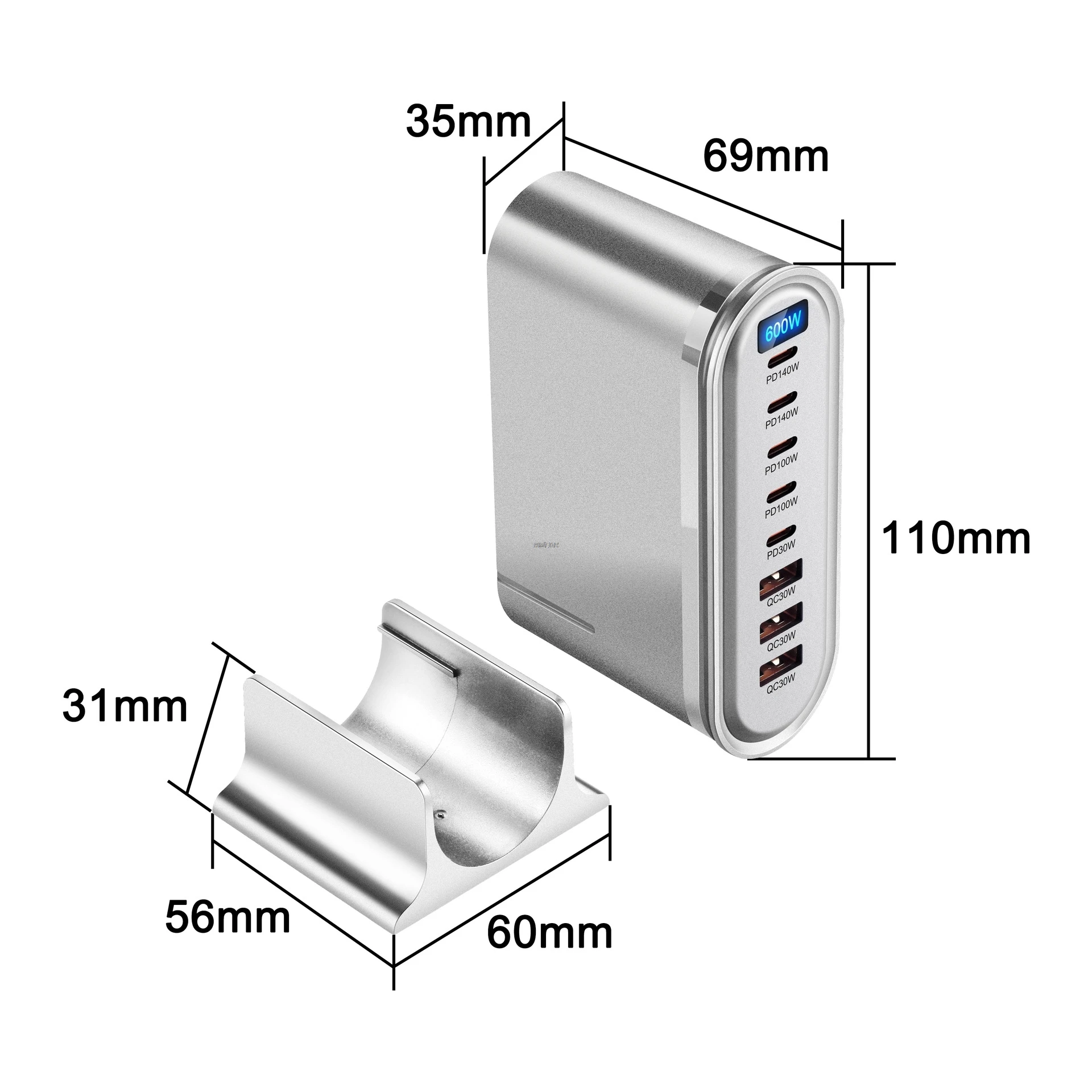 NEW 600W GaN Desktop Fast Charger LED Display 8 Ports PD Type C USB Fast Charging Station Adapter For iPhone/Samsung/Xiaomi/iPad