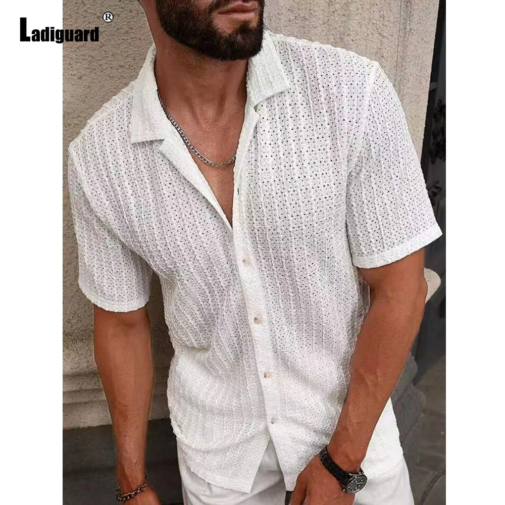 

White Navy Board T-shirt Mens Short Sleeve Notched Elegant Basic Knitted Tops Latest Summer Casual Hollow Out Beach Pullovers