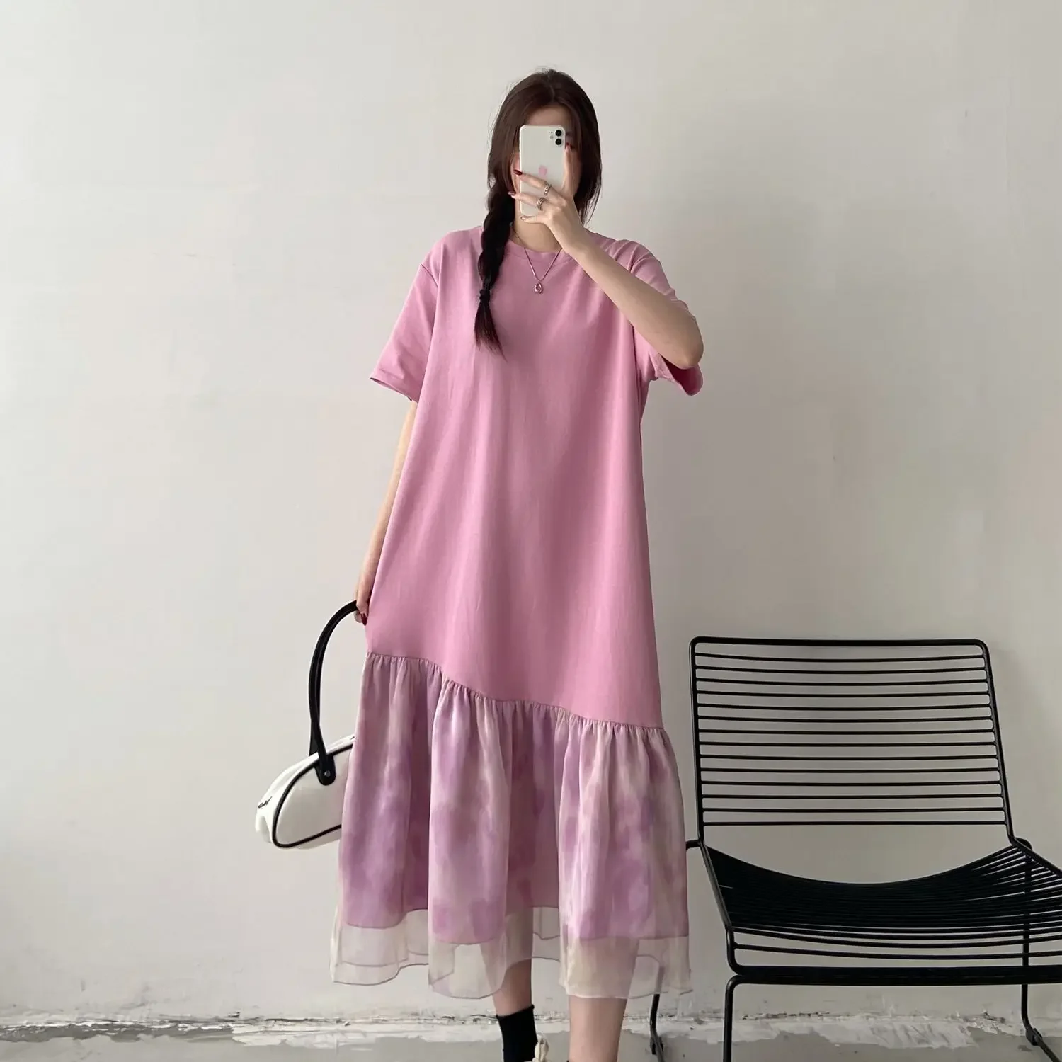 Oversized Patchwork Dresses Summer Loose All-match Tie Dye Net Yarn Tshirt Dress Women Clothing Simplicity Irregular Long Dress