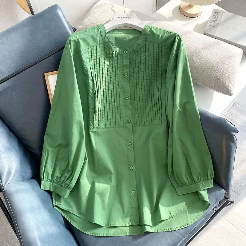 

Женская хлопковая блузка с воротником-стойкой, плиссировкой спереди, на пуговицах, с пышными рукавами, повседневная, свободного кроя, с закругленным низом