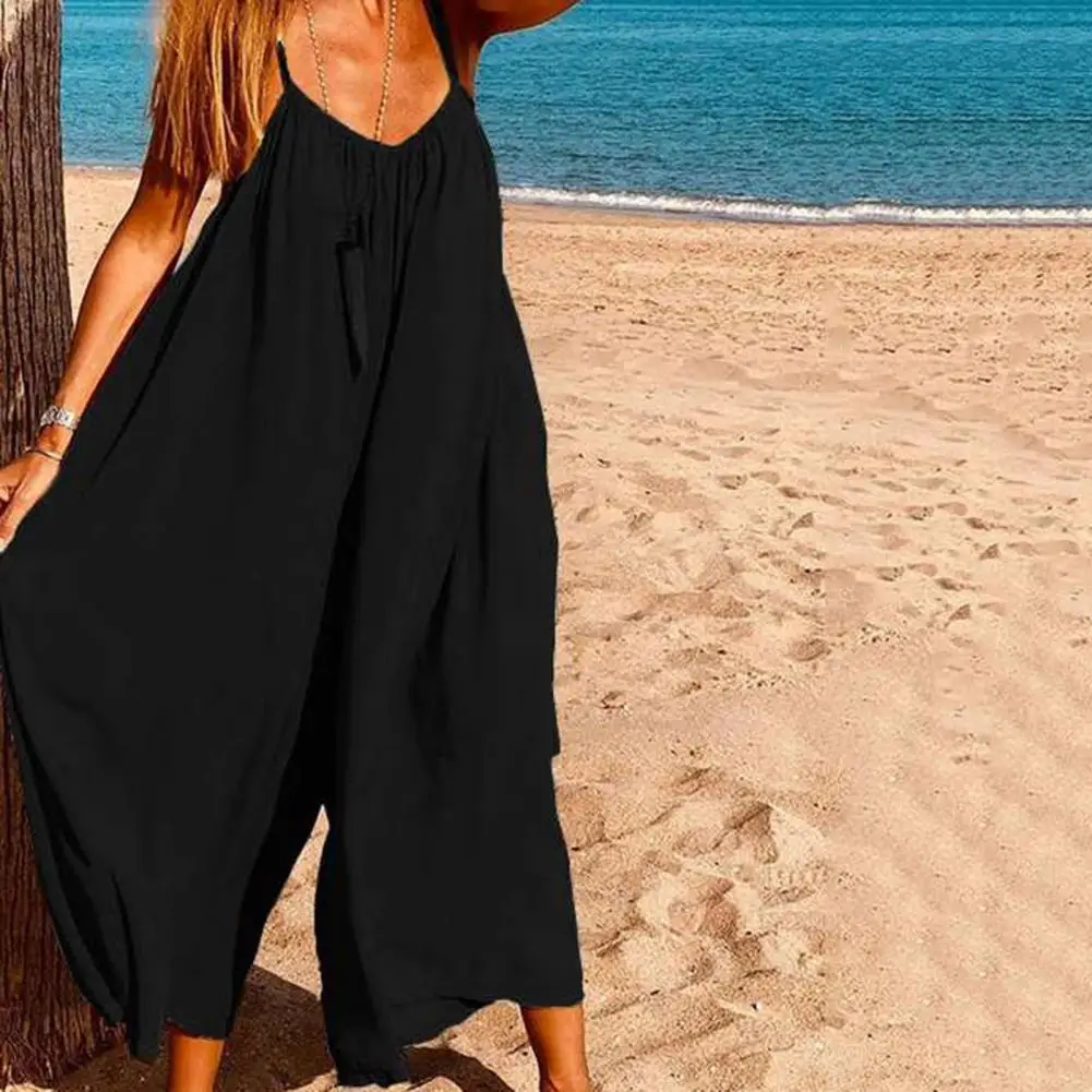 

Women Jumpsuit Solid Color Super Loose Oversized Spaghetti Strap Backless Wide Leg Sleeveless Women Romper Daily Clothes