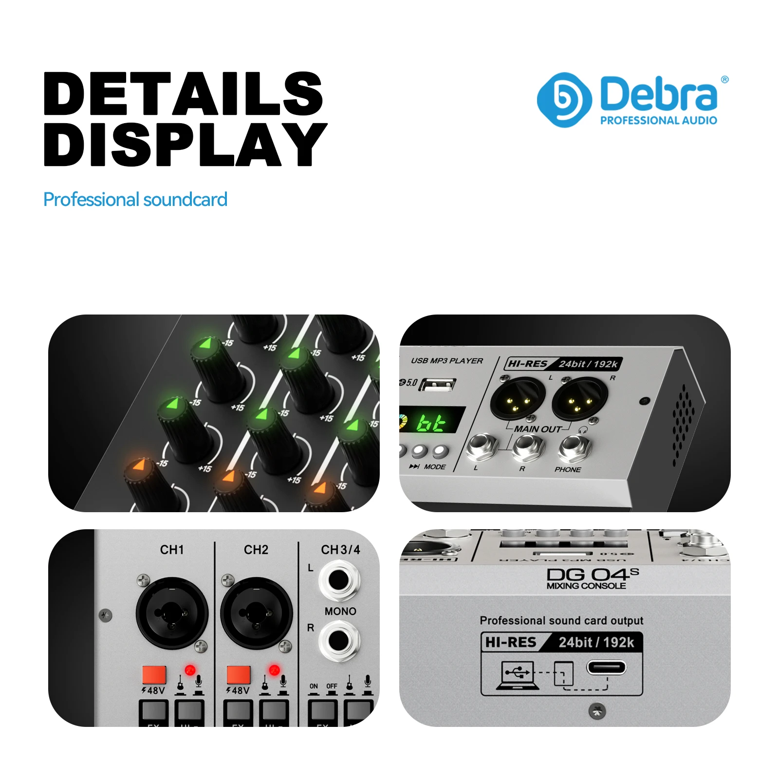 Debra New DG04S 4-channel mixer sound card, mixer, with Bluetooth 5.0, 24bit/192k, OTG, 48V power supply, for stage, studio, bar