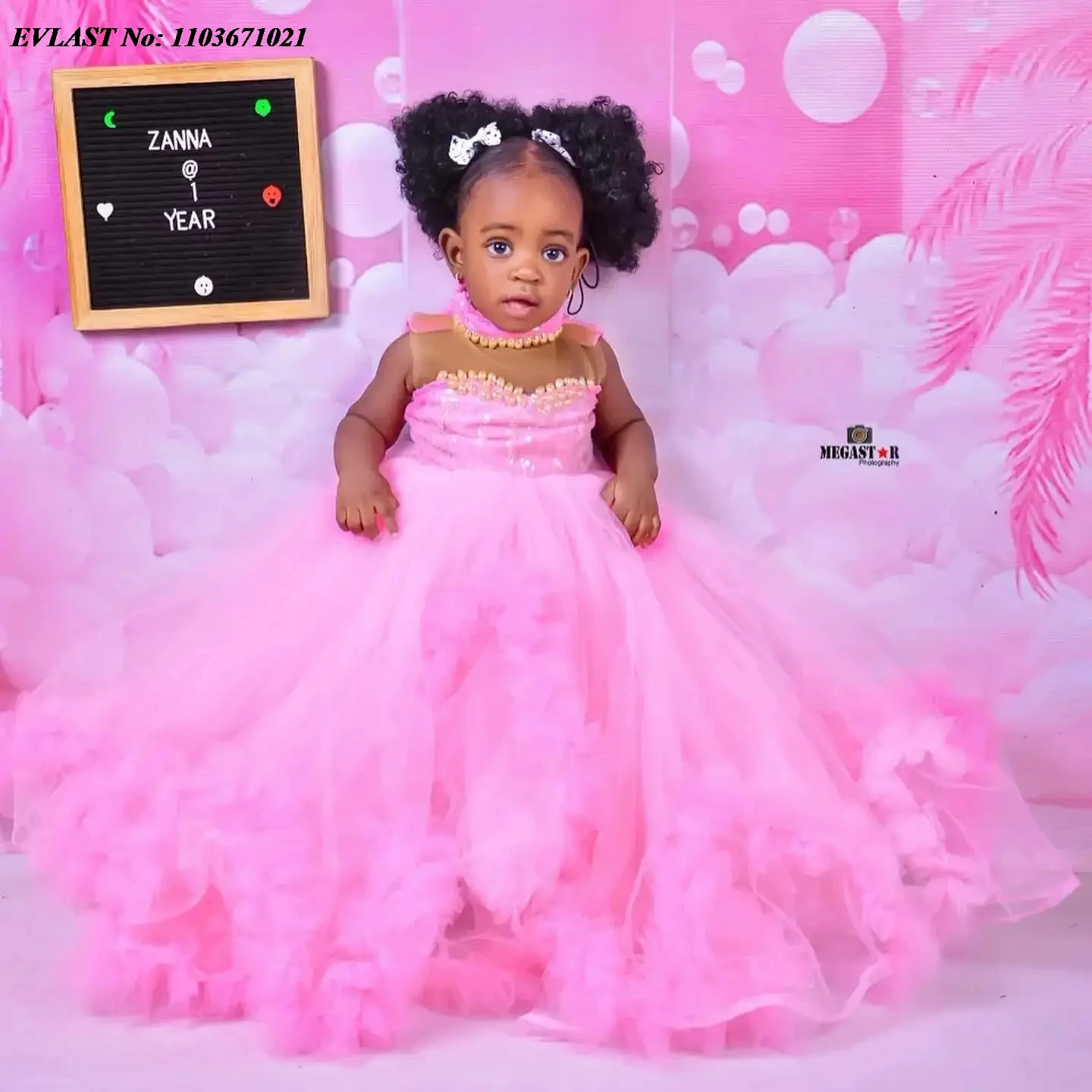 EVLAST Pink Pearls Flower Girl Dress For Weddings Ruffles Baby Ball Gown First Communion Dress Birthday PhotoShoot Gowns FD12