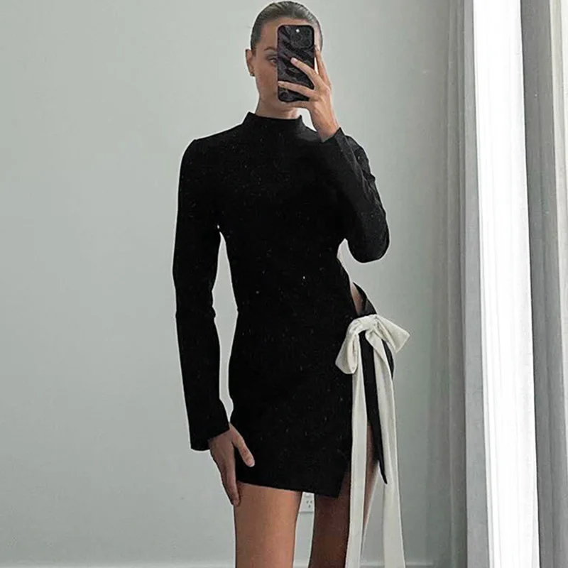 

Ticketsx Fashion Hollow Out Bow Dress Women Black Patchwork Backless Slim Mini Dress Elegant Female Luxury Party Clubwear Dress