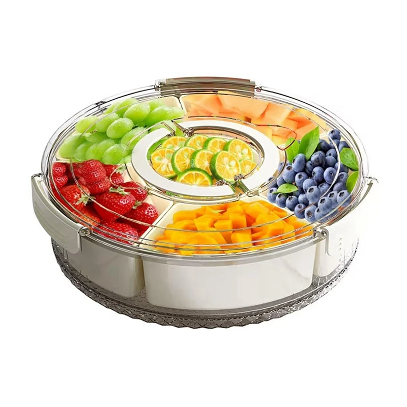 Six-Grid Rotating Snack Box Container With Handle Kitchen Sealed Spice Storage Box Transparent Dried Fruit Snack Tray