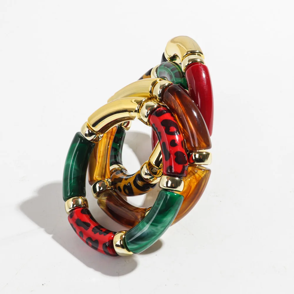New Leopard Bamboo Tube Acrylic Bracelets for Women Men Retro Elastic Chunky Curved Resin Bracelet Bangle Stack Jewelry Gifts