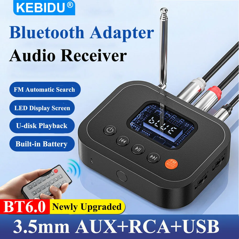 KEBIDU Bluetooth 6.0 Audio Receiver 3.5mm AUX RCA USB Wireless Music Player Built-in Mic LED Screen 1 to 2 Bluetooth Adapter