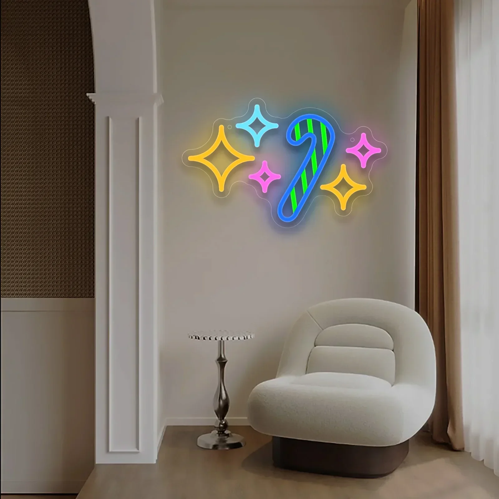 Candy Cane Sparkle Neon Sign Blue Pink Yellow Star LED Wall Art Acrylic USB Powered Dimmable Xmas Decor  Store Business Gift view 5
