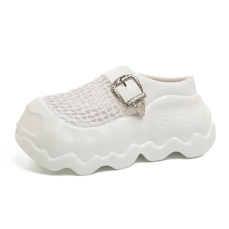 

Летние женские сандалии на платформе с сетчатыми вставками, высокий каблук 8 см, с пряжкой, на танкетке, вулканизированные, для женщин