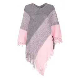Spring Autumn Women Knitting Pullover With Patchwork Tassel Cloak Stripe Fashion Street Poncho Lady Capes Pink Cloaks