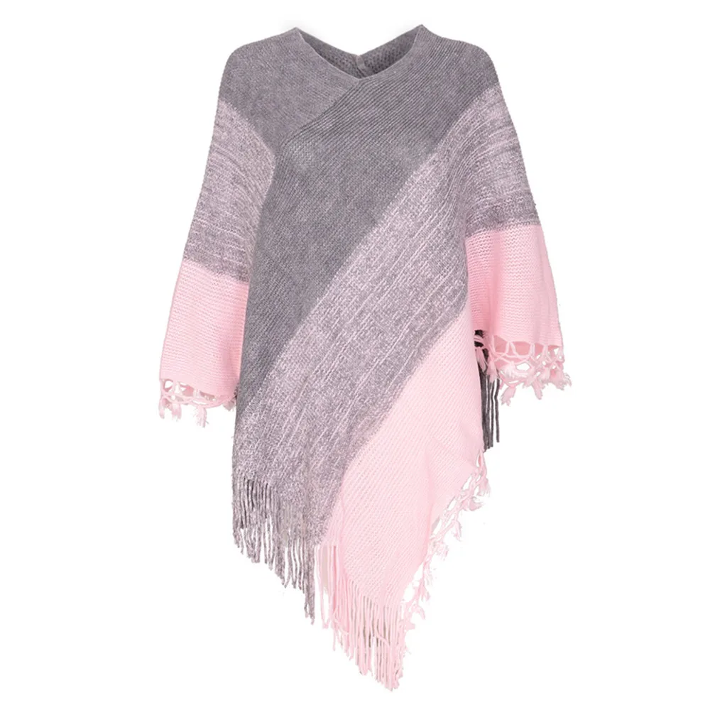 Wiosna jesień kobiety sweter dziergany z patchworkowym frędzlem płaszcz w paski moda uliczna Poncho Lady peleryny różowe płaszcze