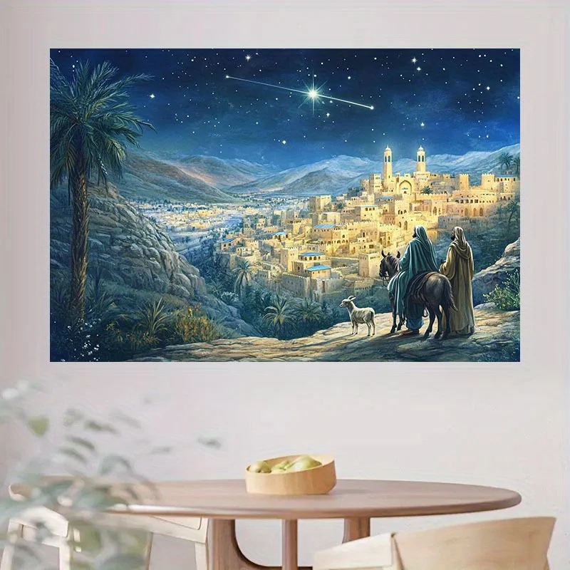 طائرة ثنائية الأبعاد قطعة واحدة معجزة عيد الميلاد: مشهد مرصع بالنجوم لبيثليهيم، يضيء زينة عطلةك! نسيج خلفية البوليستر