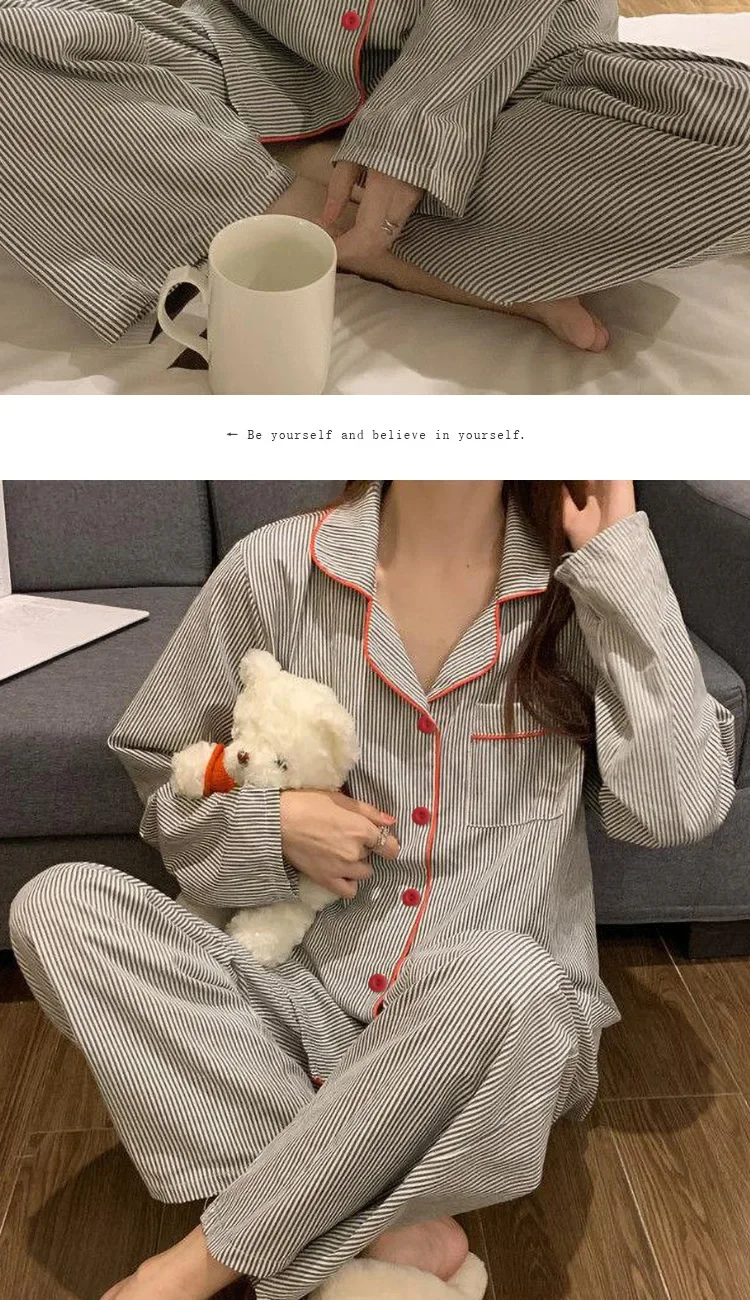 Damen Langarm Locker Sitzende Atmungsaktive Studenten-Schlafbekleidung Loungewear Strickjacke Grau Gestreift Damen Mode Pyjama Hauskleidung – Detail 6