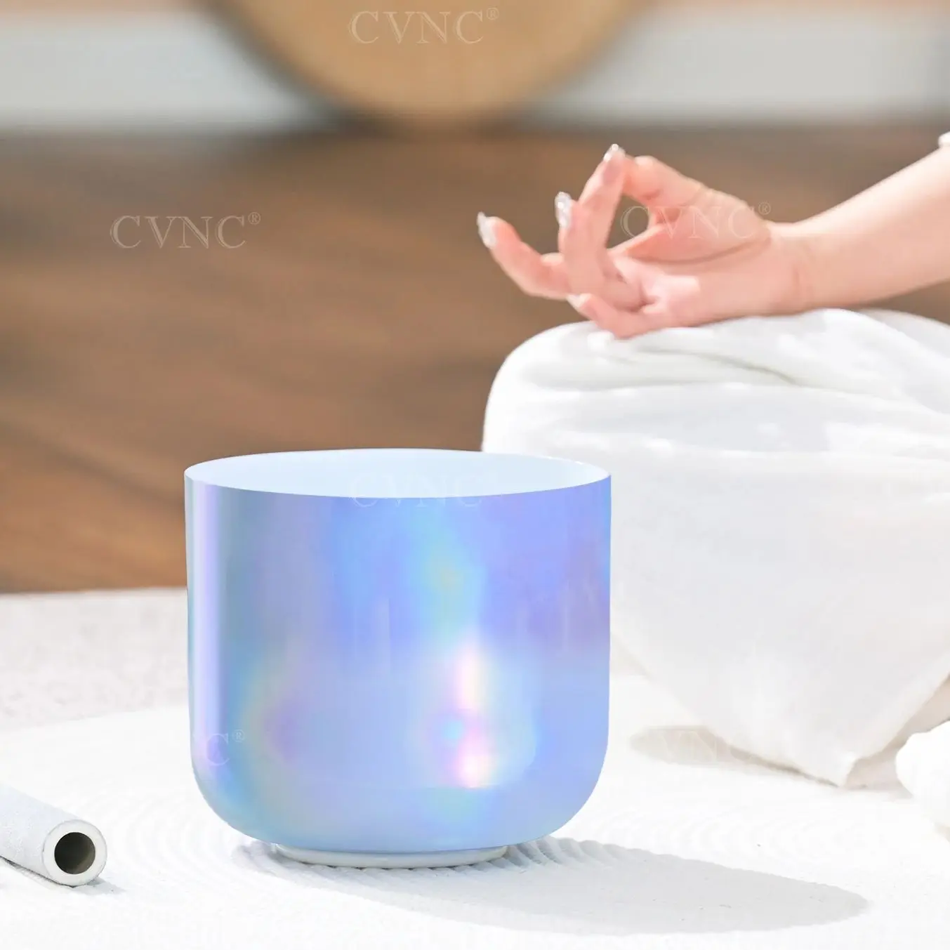 CVNC 6 Inch Dream Blue Color Alchemy Clear Quartz Crystal Singing Bowl for Sound Healing and Meditation with Mallet