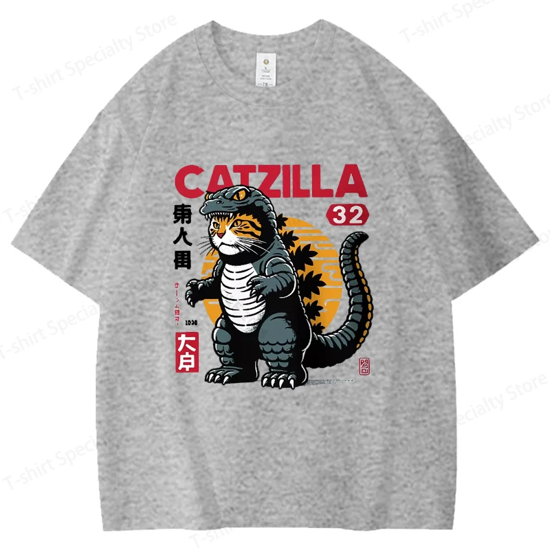 Catzilla Kreatives bedrucktes Herren-T-Shirt aus 100 % Baumwolle, übergroße, verspielte Grafik-T-Shirts für Damen, Tops, T-Shirts, Streetwear-T-Shirt – Detail 7
