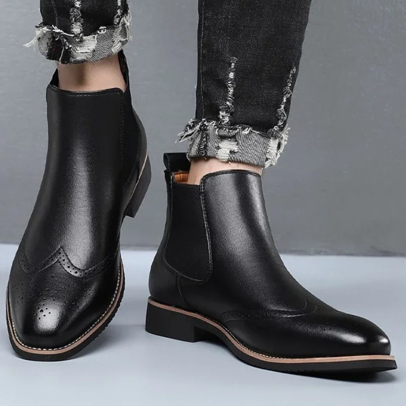 

Men's British Style Vintage Brogue Chelsea Boots Soft Sole High Top Pointed Toe Leather Work Dress Shoes