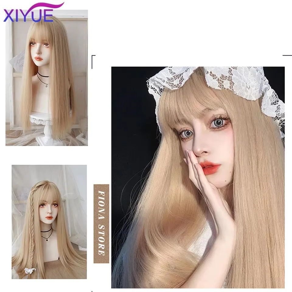 XIYUE Long Natural Wavy Platinum Blonde Wigs With Bangs Cosplay Party Lolita Synthetic Wigs for Women Heat Resistant Fiber image 3