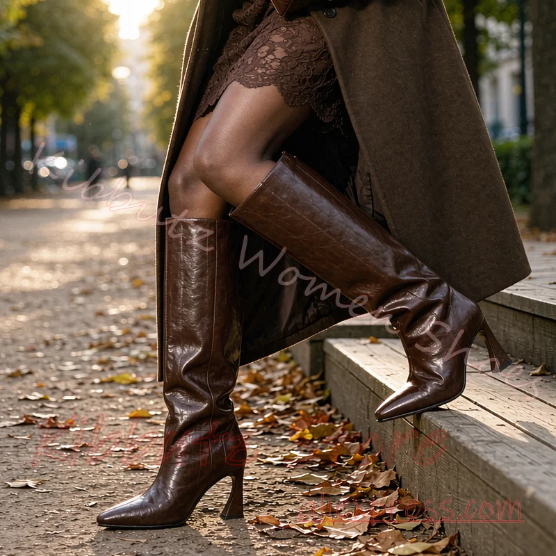 Thigh High Ruched Wrinkled Boots Women Patent Leather Pointed Toe High Heel Sexy Stretch Shoes Solid Color Fashion Slip-On New