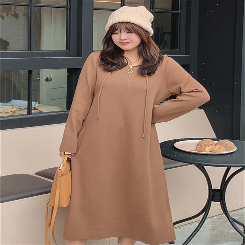 New Oversized Women's v-Neck Zippered Hooded Dress Loose Knee Length Knitted Dress For Women C111